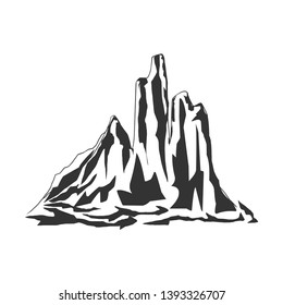Mountain vector illustration, landscape mature silhouette element outdoor icon snow ice tops and decorative isolated camping travel climbing or hiking.