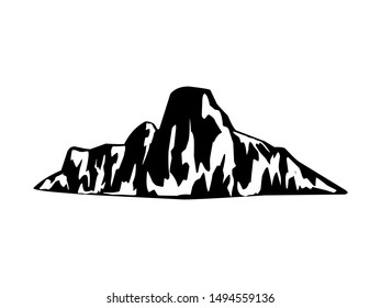 Mountain vector illustration, landscape mature silhouette element outdoor icon snow ice tops and decorative isolated camping travel climbing or hiking.