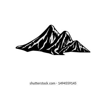 Mountain vector illustration, landscape mature silhouette element outdoor icon snow ice tops and decorative isolated camping travel climbing or hiking.