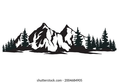 Mountain vector illustration, landscape mature silhouette element outdoor icon snow ice tops and pine forest isolated 