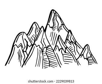 Mountain vector illustration, landscape mature silhouette element outdoor icon snow ice tops and decorative isolated camping travel climbing or hiking.