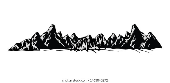 Mountain vector illustration, landscape nature silhouette element outdoor icon snow ice tops and decorative isolated camping travel climbing or hiking.