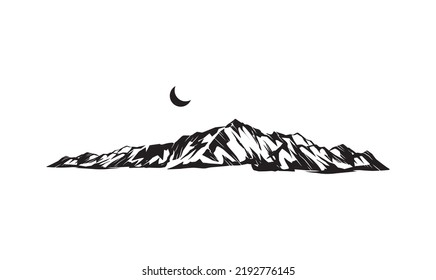 Mountain vector illustration, landscape silhouette element outdoor icon snow ice tops and decorative isolated camping travel climbing or hiking.