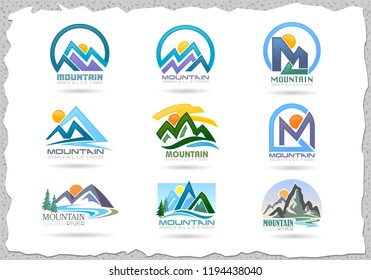 Mountain vector illustration of sun sets and the river flowing in the background.