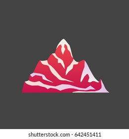 Mountain vector illustration. Symbol sign red purple mountain new isolated on a dark background. Sign of mountaineering (Alps and Himalayas)