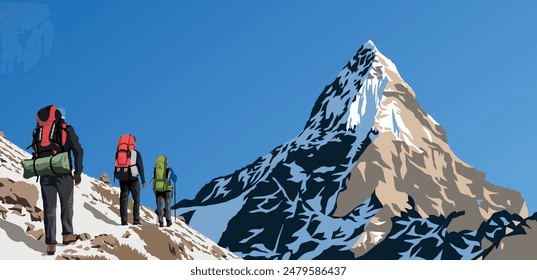 Ilustración vectorial de montaña, tres senderistas, montañas del Himalaya, pico hermoso, monte Everest con senderistas