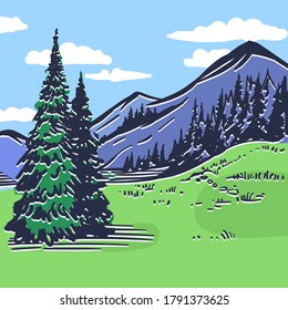 Mountain vector landscape. Beauty nature panorama with trees, forest and sky. Hand drawn inking vintage colorful sketch. Stock vector illustration