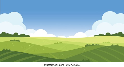 Mountain vector landscape blue sky white cloud green hill field flower bush tree. 