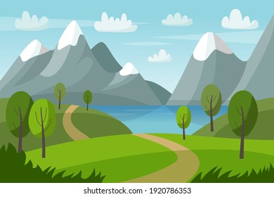 Mountain vector landscape with green hills, trees, lake and road. Nature summer illustration. Nature tourism.