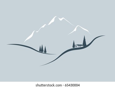 mountain vector landscape illustration with chalet and trees in the snow