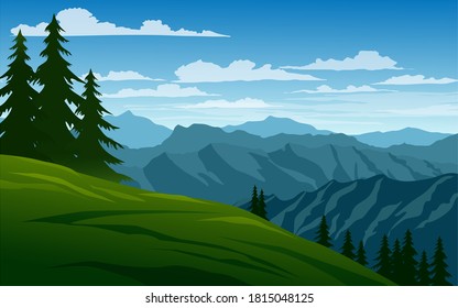 Mountain vector landscape with pine trees