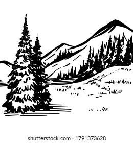 Mountain vector landscape. Scene beauty nature with trees, forest and sky. Hand drawn black and white inking sketch, etching, engraving print. Stock vector illustration