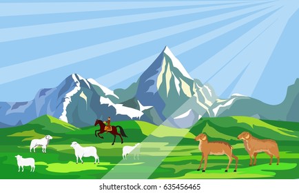 Mountain vector landscape, sheeps and shepherd