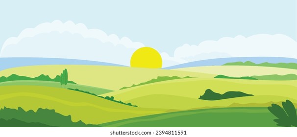 
Mountain vector landscape under a blue sky adorned with fluffy white clouds, featuring lush green hills, blooming flowers, bushes, and towering trees.