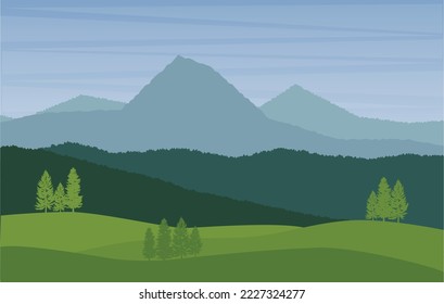 Paisaje vectorial de montaña nube blanca cielo verde pino árbol de pino. 