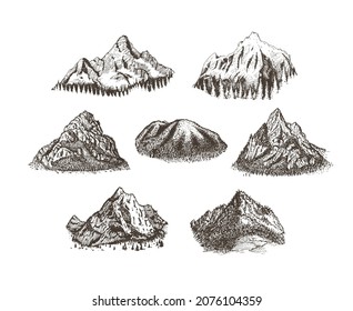 Mountain vector landscapes,  vintage sketches. Peaks and hills with forest, hand drawn illustrations collection. Mount views set.