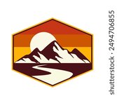 mountain vector logo , badge display , Three mountain peaks with one highest peak. Sunrise.