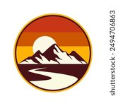 mountain vector logo , badge display , Three mountain peaks with one highest peak. Sunrise.