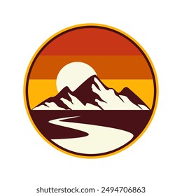 mountain vector logo , badge display , Three mountain peaks with one highest peak. Sunrise.