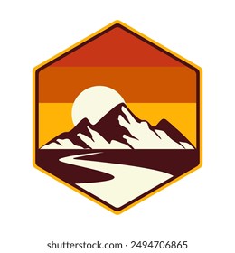 mountain vector logo , badge display , Three mountain peaks with one highest peak. Sunrise.