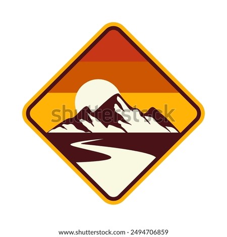 mountain vector logo , badge display , Three mountain peaks with one highest peak. Sunrise.