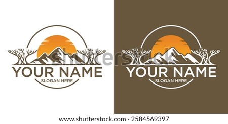 mountain vector logo , badge display , Three mountain peaks with one highest peak. Sunrise.
