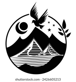 Montaña Vector Logo con pájaro, estrella, luna, hoja. Logo de Nature.