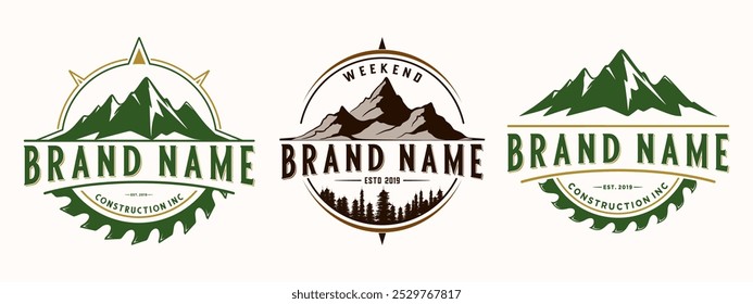 Diseño de logotipo de Vector de montaña. Ilustración de montañas y pinos. para viajes, senderismo y actividades al aire libre	

