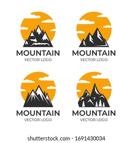 Mountain vector logo design. Silhouettes of rock mountains with cloudy sky. Outdoor activity, traveling in alps, living on nature outdoor, camping, hiking on mount hill badges templates.