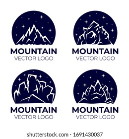 Mountain vector logo design. Silhouettes of rock mountains with starry sky. Outdoor activity, traveling in alps, living on nature outdoor, camping, hiking on mount hill badges templates.