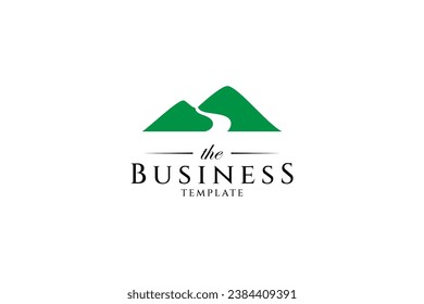 Mountain vector logo with river flow in simple flat design style