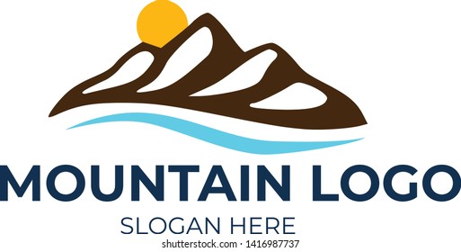 Mountain Vector Logo with Sun and River