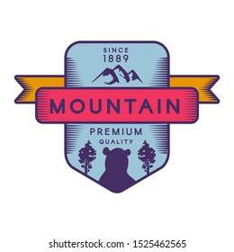 Mountain vector logo template. Recreational park symbol. Wild animal, grizzly bear silhouette