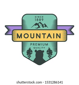 Mountain vector logo template. Recreational park symbol. Wild animal, grizzly bear silhouette
