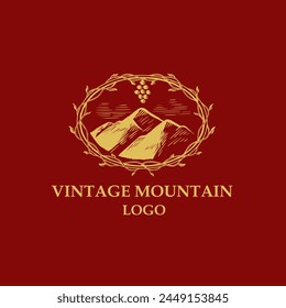 Mountain vector logo with vintage vine frame