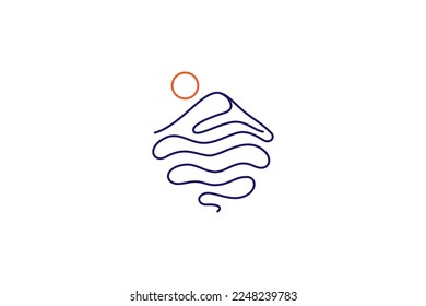 Mountain vector logo with water waves in continuous line design style