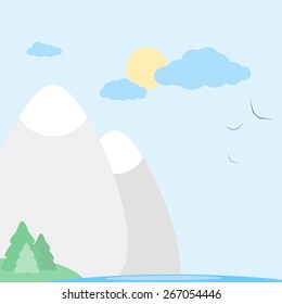 Mountain vector nature landscape outdoor illustration. Background with rock, peak, hill, snow, trees, clouds, birds, lake, sun. Abstract graphic flat design. For  tourism,  adventure.