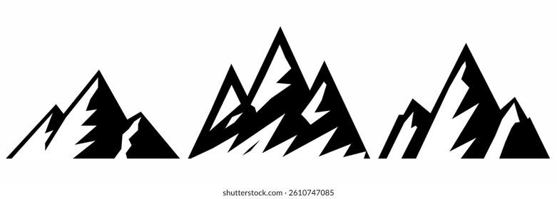 mountain vector pack. Rocky mountains icon or logo collection. Vector illustration. Mountain, rock, hill, peak logos.  Mountain peaks silhouettes. vector set silhouette of mountains and hills.