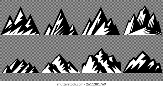 mountain vector pack. Rocky mountains icon or logo collection. Vector illustration. Mountain, rock, hill, peak logos.  Mountain peaks silhouettes. vector set silhouette of mountains and hills.