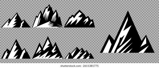 mountain vector pack. Rocky mountains icon or logo collection. Vector illustration. Mountain, rock, hill, peak logos.  Mountain peaks silhouettes. vector set silhouette of mountains and hills.