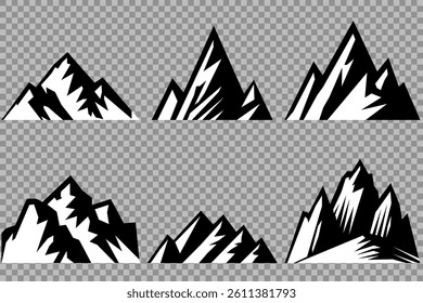 mountain vector pack. Rocky mountains icon or logo collection. Vector illustration. Mountain, rock, hill, peak logos.  Mountain peaks silhouettes. vector set silhouette of mountains and hills.