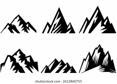 mountain vector pack. Rocky mountains icon or logo collection. Vector illustration. Mountain, rock, hill, peak logos.  Mountain peaks silhouettes. vector set silhouette of mountains and hills.