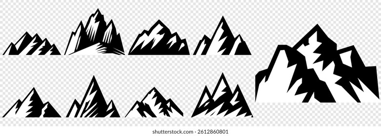 mountain vector pack. Rocky mountains icon or logo collection. Vector illustration. Mountain, rock, hill, peak logos.  Mountain peaks silhouettes. vector set silhouette of mountains and hills.