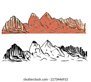 Mountain vector print design . Black and white hill illustration t-shirt design. Hand sketch mountain graphic print artwork for apparel, stickers, posters, background and others.
