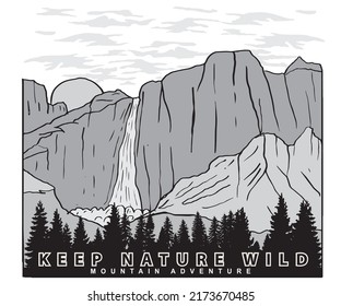 Diseño de impresión vectorial de montaña . Diseño de camisetas de ilustración de colinas en blanco y negro. Dibujo manual de arte gráfico de cascada de montaña para prendas de vestir, pegatinas, afiches, fondo y otros.