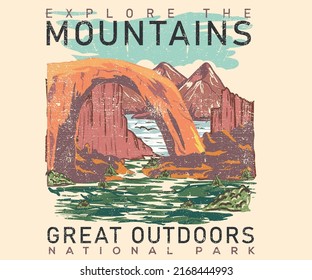 Mountain Vector Print Design. Wild Life Artwork For Posters, Stickers, Background And Others. Great Outdoors At The Hill Illustration.