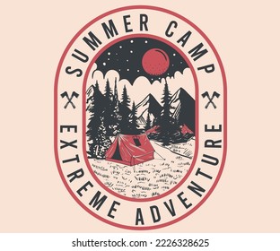 Mountain vector print design. Wild lake artwork for posters, stickers, background and others. Outdoor national park vibes illustration.	Mountain camping.