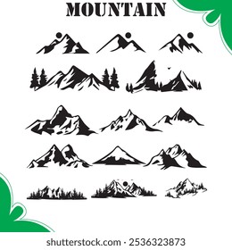 Mountain vector set collection design. Set of vector nature silhouettes - mountains, trees, mountains and glaciers - design elements - mountain ranges, hills and forests.