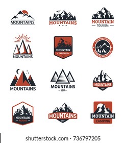 Mountain vector silhouette travel logo badge nature outdoor rocky snow top landscape climbing mount hill peak hiking illustration