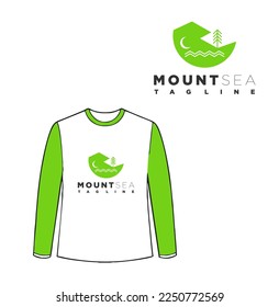 camiseta vectorial de montaña. Logo de la montaña. Vector verde de la luna del océano marino de montaña.